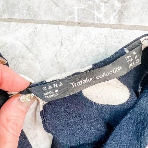 Zara Navy Blue Polka Dot Long Balloon Tie Peasant Sleeve Tunic Top Size Medium - Picture 5 of 7